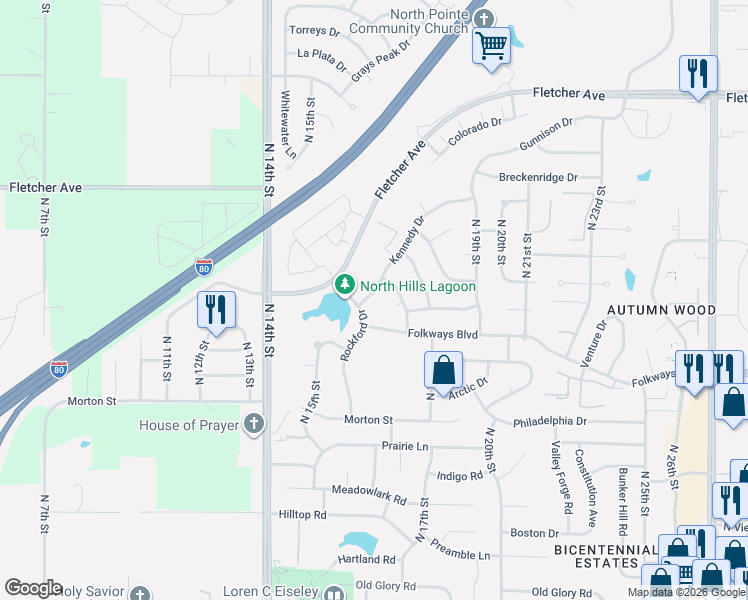 map of restaurants, bars, coffee shops, grocery stores, and more near 5531 North 17th Street Court in Lincoln