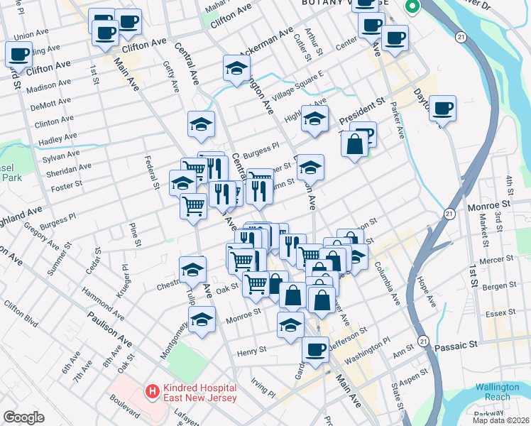 map of restaurants, bars, coffee shops, grocery stores, and more near 124 Central Avenue in Passaic