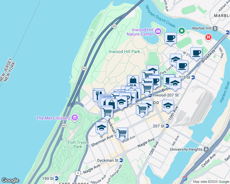 map of restaurants, bars, coffee shops, grocery stores, and more near 60 Seaman Avenue in New York