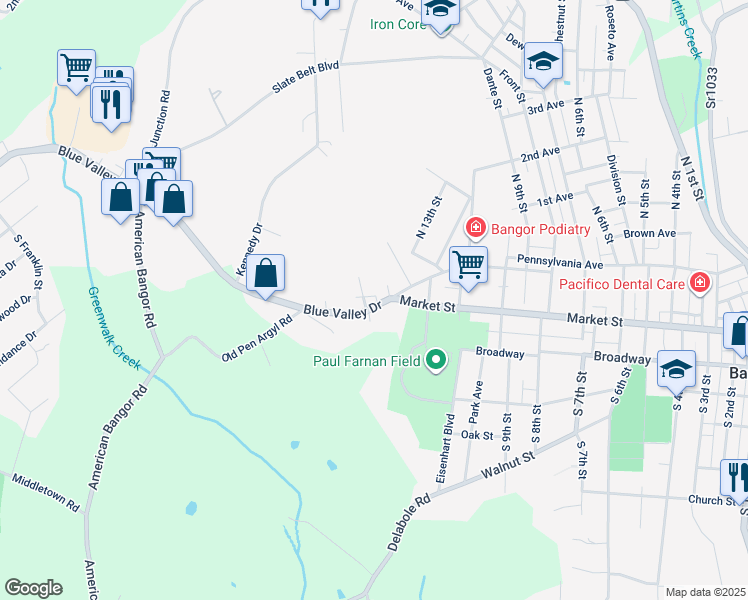 map of restaurants, bars, coffee shops, grocery stores, and more near 17 Blue Valley Drive in Bangor