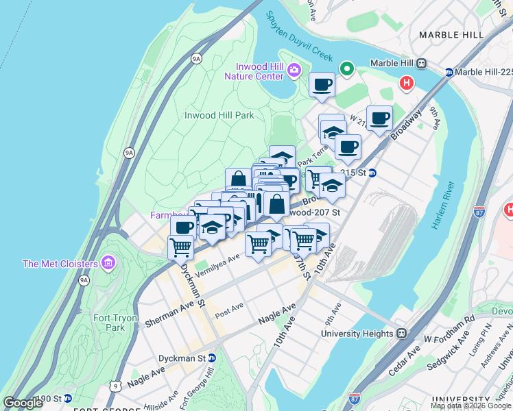 map of restaurants, bars, coffee shops, grocery stores, and more near 65 Cooper Street in New York