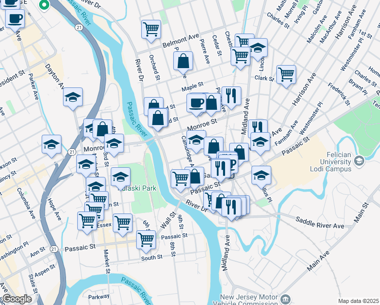 map of restaurants, bars, coffee shops, grocery stores, and more near 83 Cambridge Avenue in Garfield