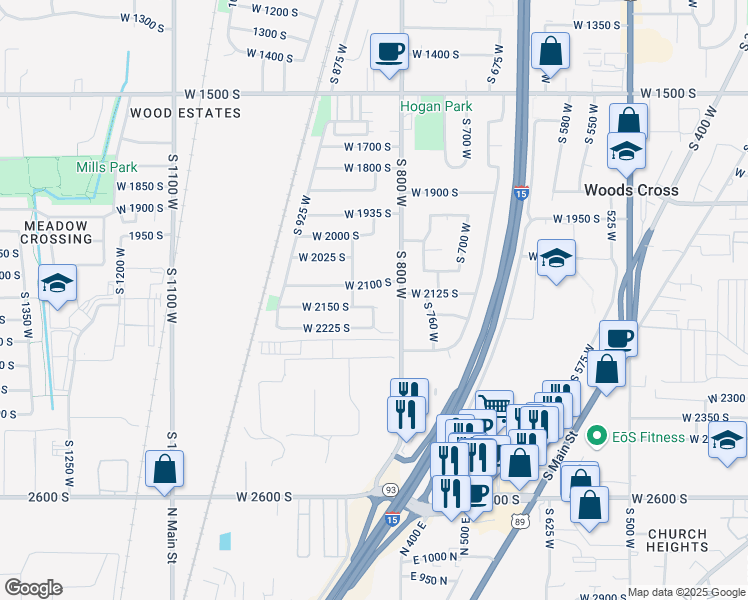 map of restaurants, bars, coffee shops, grocery stores, and more near 848 West 2150 South in Woods Cross