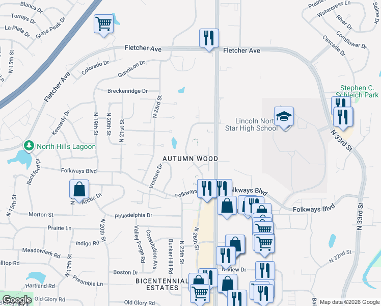 map of restaurants, bars, coffee shops, grocery stores, and more near 5562 Enterprise Drive in Lincoln