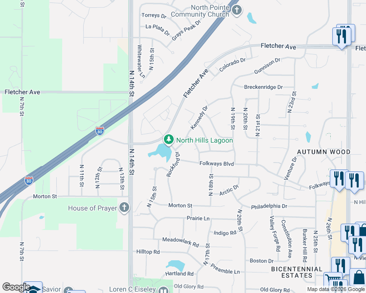 map of restaurants, bars, coffee shops, grocery stores, and more near 5531 North 17th Street Court in Lincoln