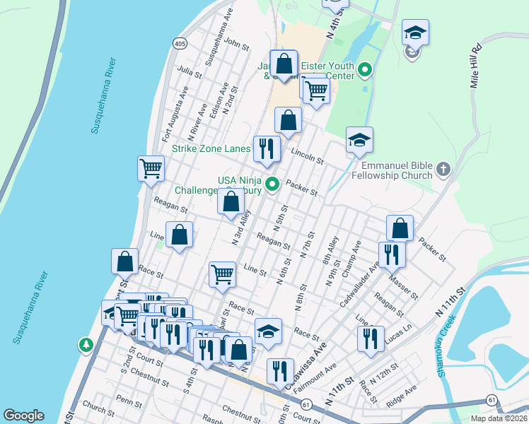 map of restaurants, bars, coffee shops, grocery stores, and more near 401-499 Masser St in Sunbury