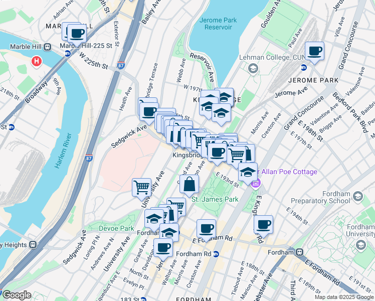map of restaurants, bars, coffee shops, grocery stores, and more near 2621 Aqueduct Avenue West in Bronx