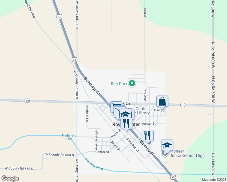 map of restaurants, bars, coffee shops, grocery stores, and more near 105 Franklin Street in Royal Center