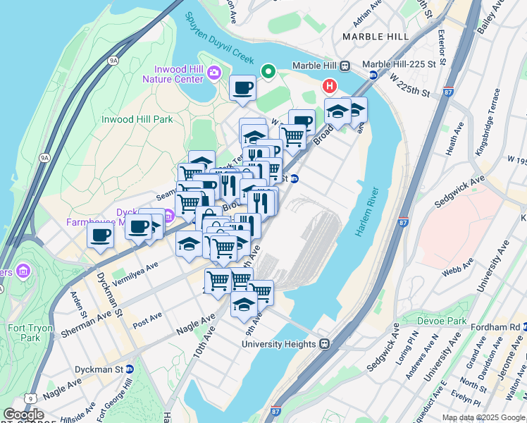 map of restaurants, bars, coffee shops, grocery stores, and more near 3966 10th Avenue in New York