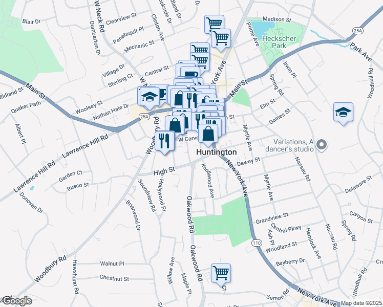 map of restaurants, bars, coffee shops, grocery stores, and more near 91 Green Street in Huntington