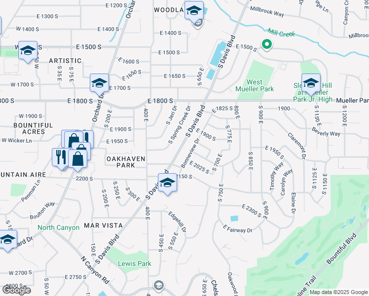 map of restaurants, bars, coffee shops, grocery stores, and more near 1973 South Davis Boulevard in Bountiful