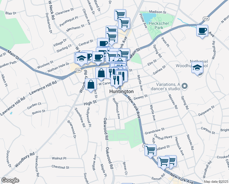 map of restaurants, bars, coffee shops, grocery stores, and more near 22 High Street in Huntington