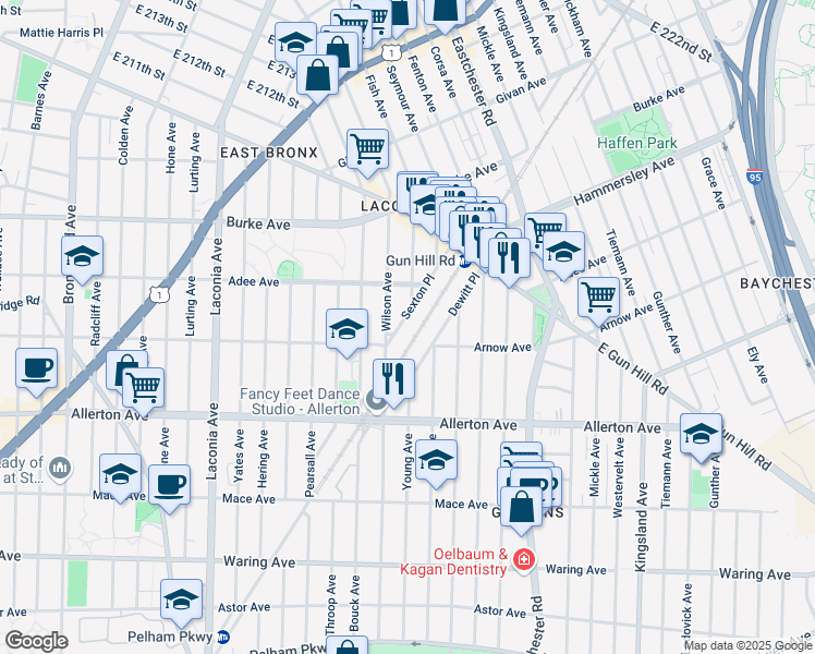 map of restaurants, bars, coffee shops, grocery stores, and more near 2863 Dewitt Place in Bronx