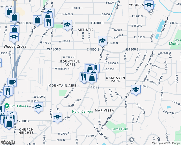 map of restaurants, bars, coffee shops, grocery stores, and more near 2064 South Orchard Drive in Bountiful