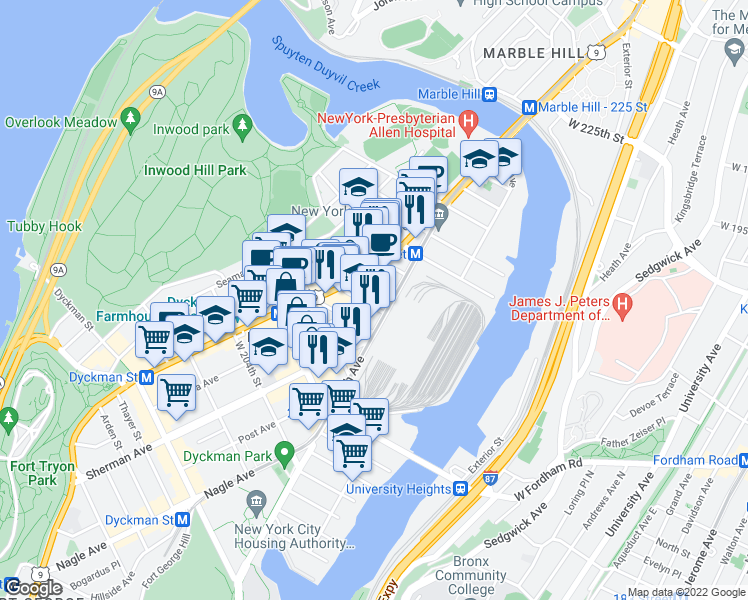 map of restaurants, bars, coffee shops, grocery stores, and more near 509 West 212th Street in New York