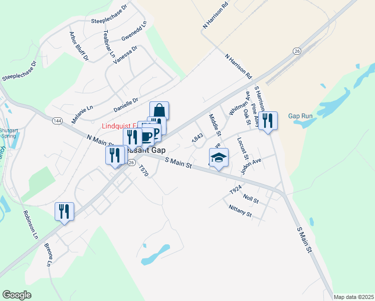 map of restaurants, bars, coffee shops, grocery stores, and more near 7 Daskem Lane in Pleasant Gap