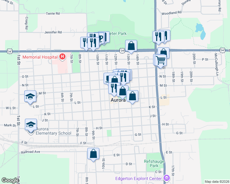map of restaurants, bars, coffee shops, grocery stores, and more near 1125 12th Street in Aurora