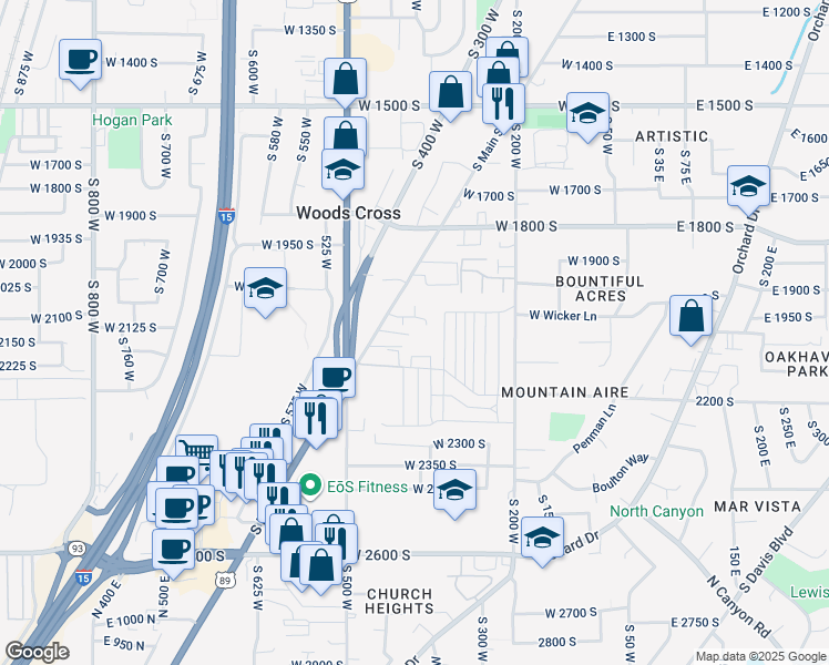 map of restaurants, bars, coffee shops, grocery stores, and more near 2095 South Main Street in Bountiful