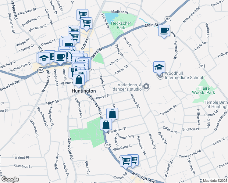 map of restaurants, bars, coffee shops, grocery stores, and more near 34 Dewey Street in Huntington