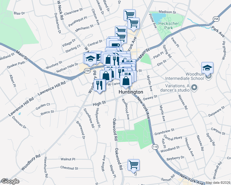 map of restaurants, bars, coffee shops, grocery stores, and more near 91 Green Street in Huntington