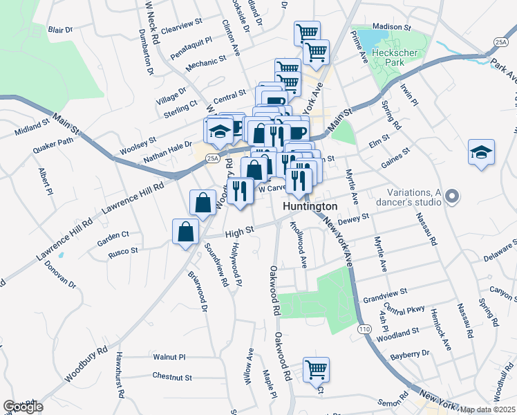 map of restaurants, bars, coffee shops, grocery stores, and more near 83 Prospect Street in Huntington