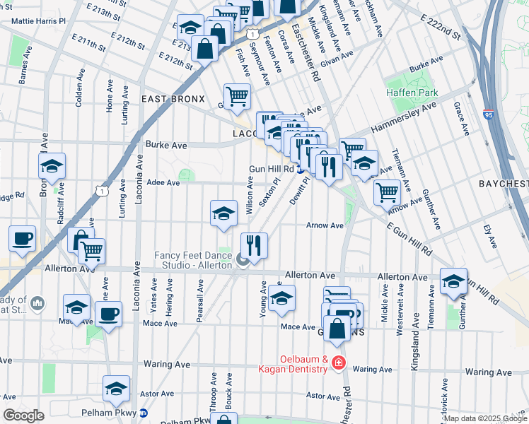 map of restaurants, bars, coffee shops, grocery stores, and more near 2863 Dewitt Place in Bronx