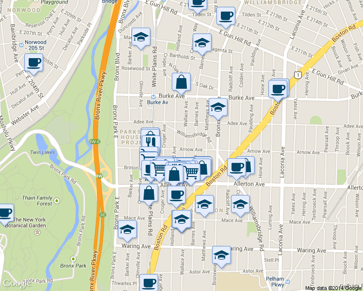 map of restaurants, bars, coffee shops, grocery stores, and more near 2755 Wallace Avenue in Bronx