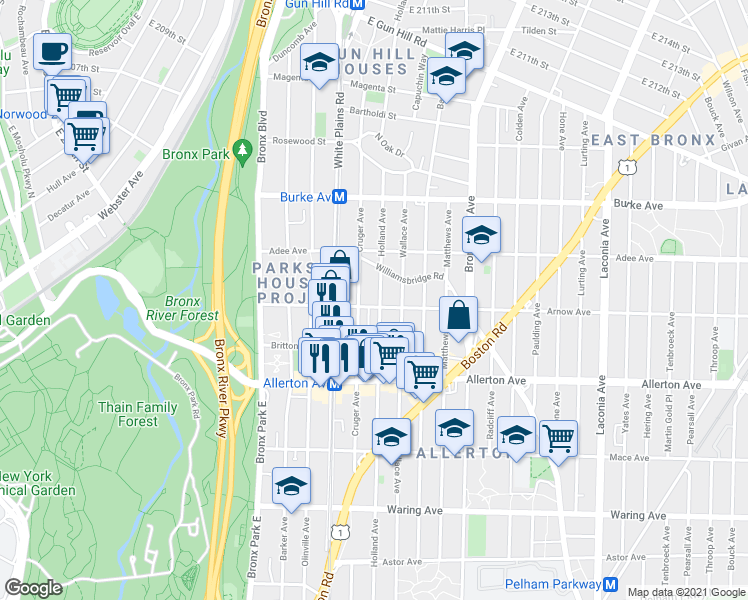 map of restaurants, bars, coffee shops, grocery stores, and more near 2754 Cruger Avenue in The Bronx