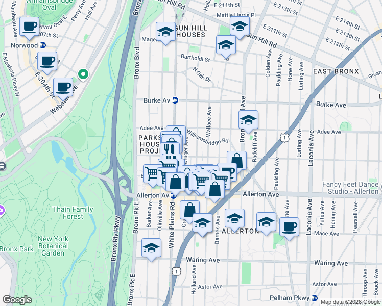 map of restaurants, bars, coffee shops, grocery stores, and more near 2754 Cruger Avenue in The Bronx