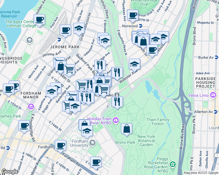 map of restaurants, bars, coffee shops, grocery stores, and more near 2985 Botanical Square in The Bronx