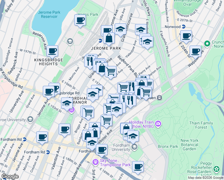 map of restaurants, bars, coffee shops, grocery stores, and more near 2791 Pond Place in Bronx