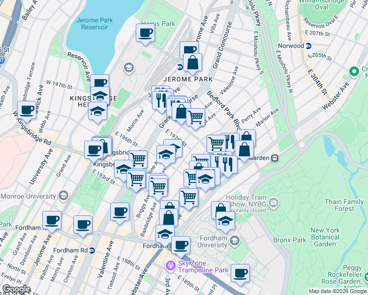 map of restaurants, bars, coffee shops, grocery stores, and more near 2771 Bainbridge Avenue in The Bronx
