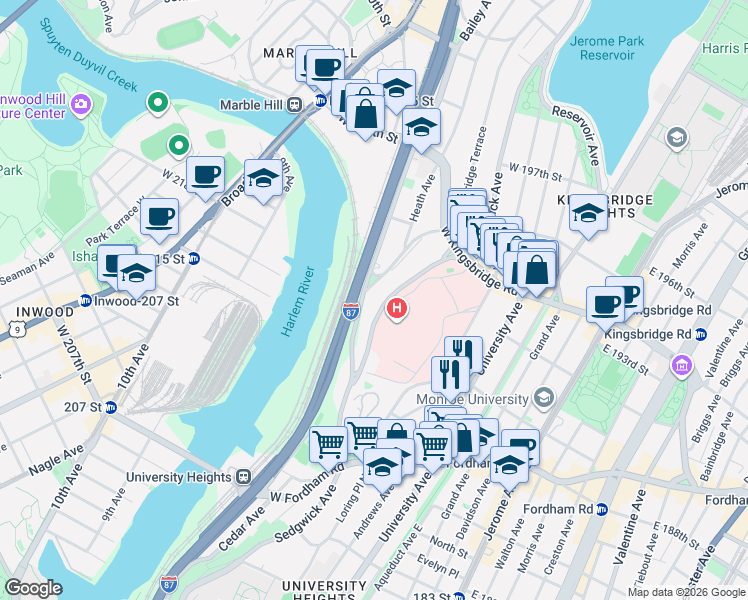 map of restaurants, bars, coffee shops, grocery stores, and more near 2500 Bailey Avenue in Bronx