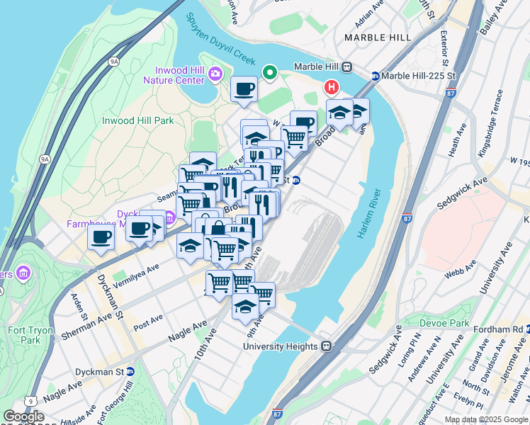 map of restaurants, bars, coffee shops, grocery stores, and more near 3966 10th Avenue in New York