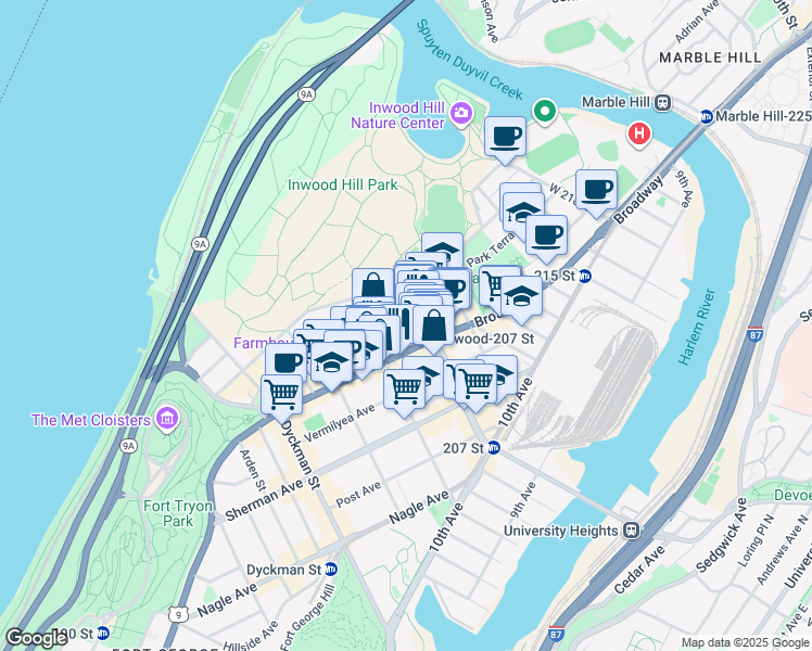 map of restaurants, bars, coffee shops, grocery stores, and more near 4913 Broadway in New York