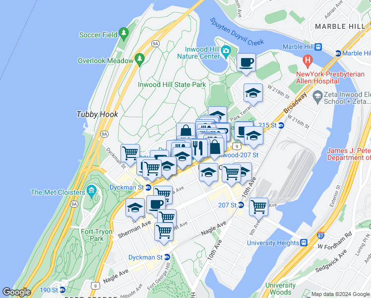 map of restaurants, bars, coffee shops, grocery stores, and more near 4913 Broadway in New York