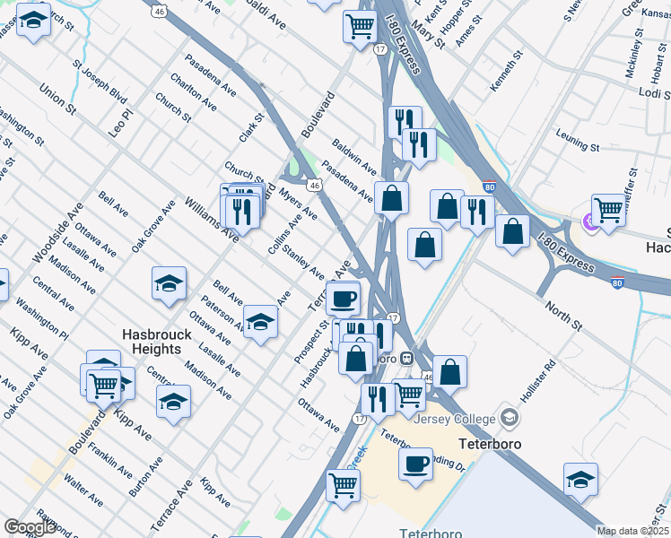 map of restaurants, bars, coffee shops, grocery stores, and more near 491 Prospect Street in Hasbrouck Heights