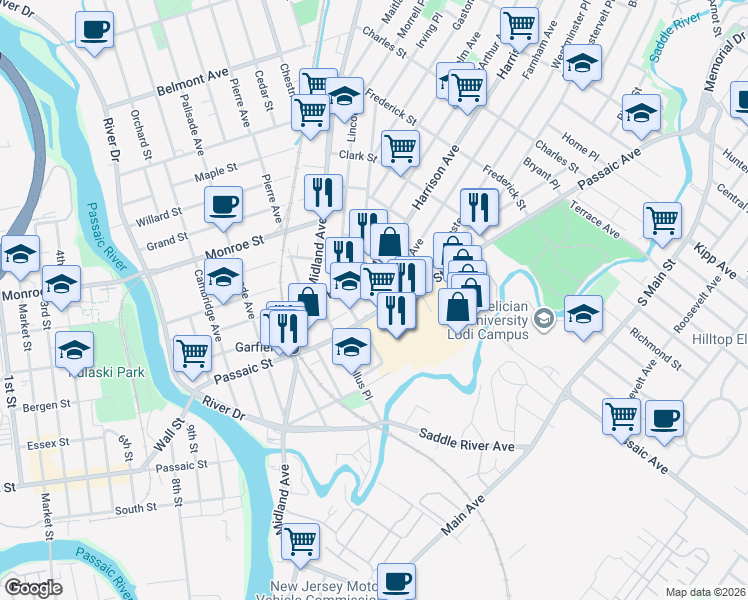 map of restaurants, bars, coffee shops, grocery stores, and more near in Garfield