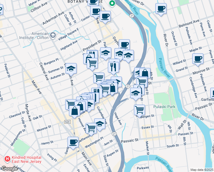 map of restaurants, bars, coffee shops, grocery stores, and more near 44 Quincy Street in Passaic