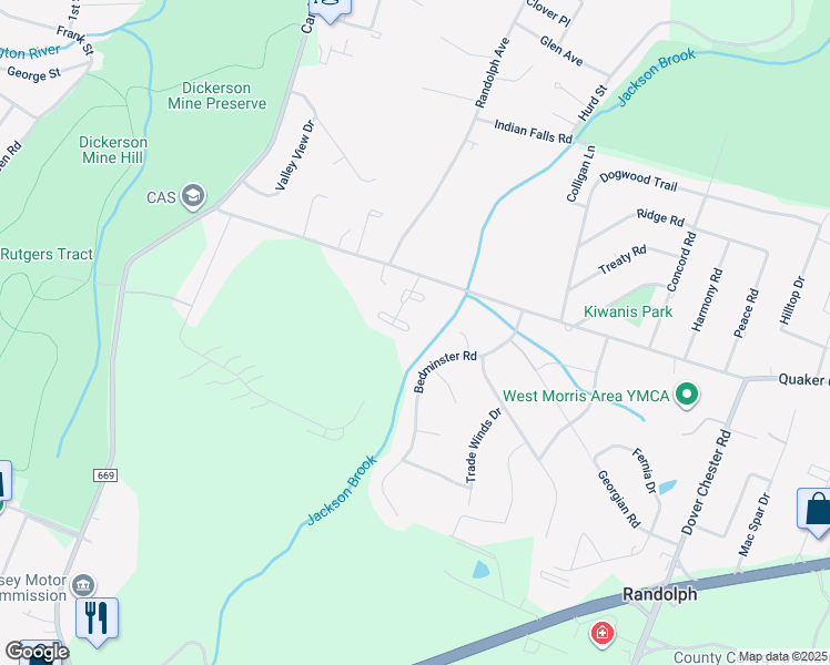 map of restaurants, bars, coffee shops, grocery stores, and more near 15 Bedminster Road in Randolph