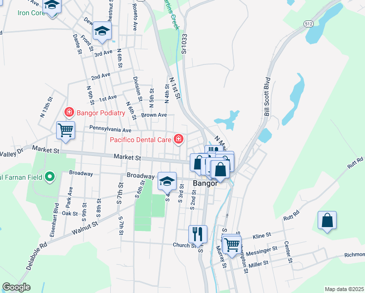 map of restaurants, bars, coffee shops, grocery stores, and more near 25 North 3rd Street in Bangor