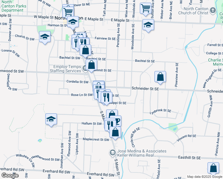 map of restaurants, bars, coffee shops, grocery stores, and more near 314 Rose Lane Street Southwest in North Canton