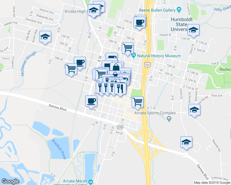map of restaurants, bars, coffee shops, grocery stores, and more near 791 8th Street in Arcata