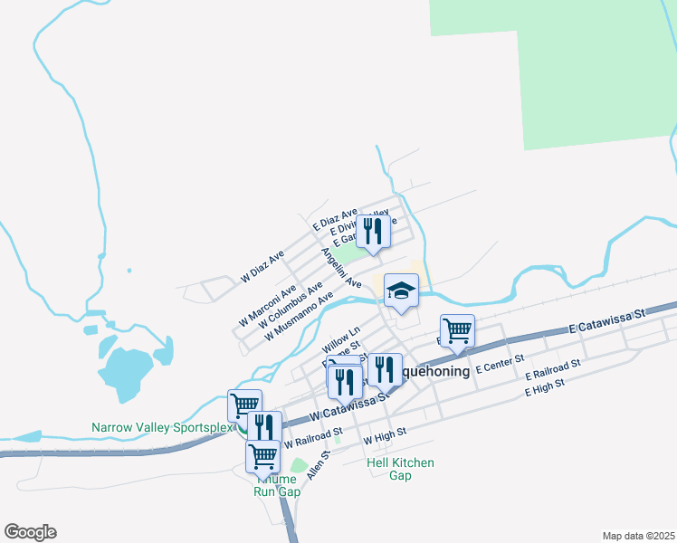 map of restaurants, bars, coffee shops, grocery stores, and more near 64 Columbus Ave in Nesquehoning