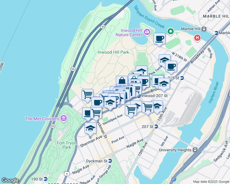 map of restaurants, bars, coffee shops, grocery stores, and more near 89 Seaman Avenue in New York