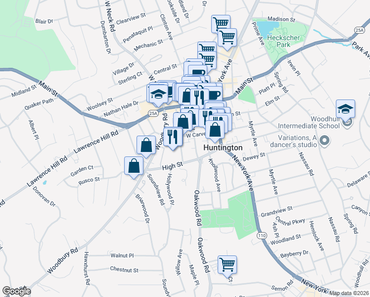 map of restaurants, bars, coffee shops, grocery stores, and more near 83 Prospect Street in Huntington