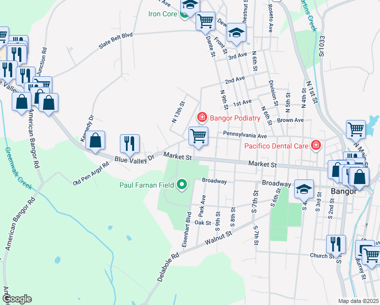 map of restaurants, bars, coffee shops, grocery stores, and more near 30 North 11th Street in Bangor