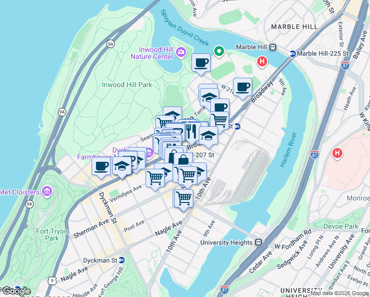 map of restaurants, bars, coffee shops, grocery stores, and more near Broadway & Isham St in New York