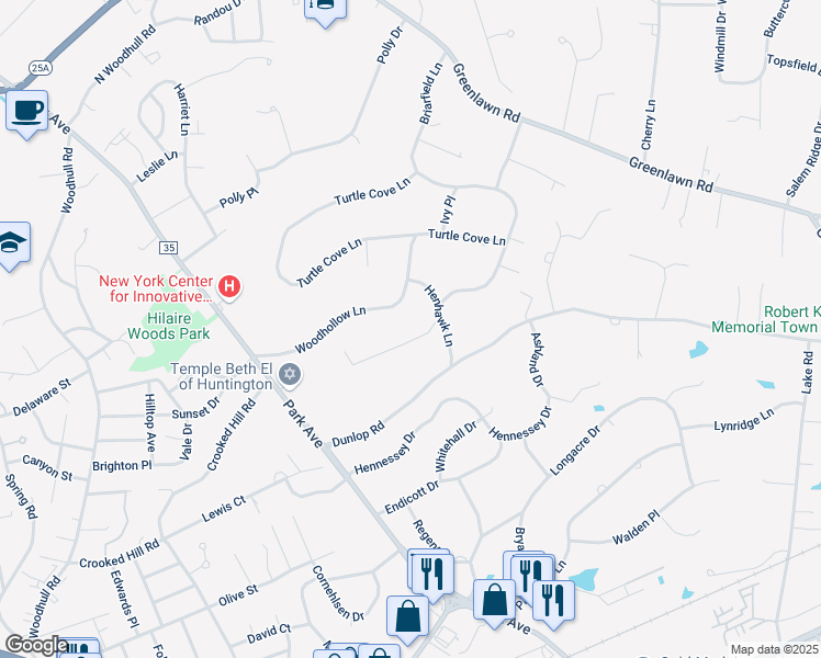 map of restaurants, bars, coffee shops, grocery stores, and more near 8 Meadowood Court in Huntington