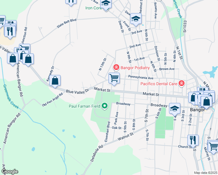 map of restaurants, bars, coffee shops, grocery stores, and more near 30 North 11th Street in Bangor